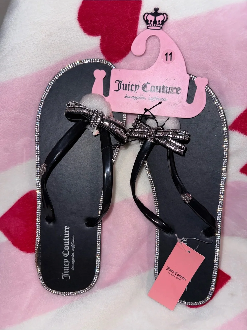 NWT Juicy Couture Black Jewel Bow Thong Sandals, Size 11